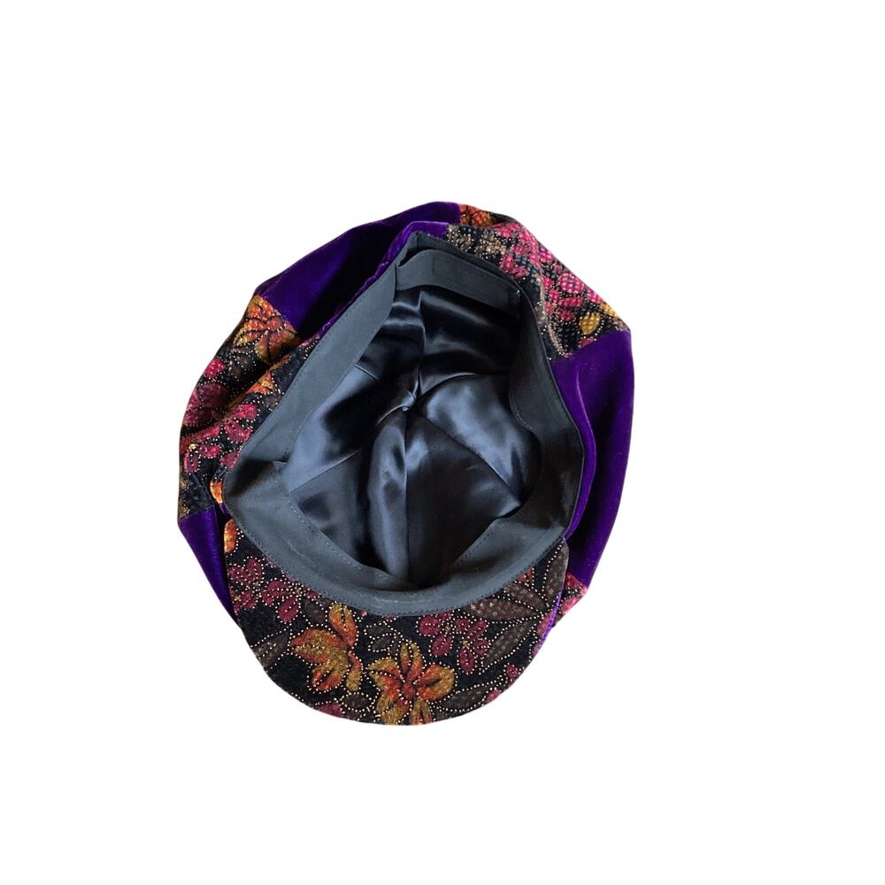 VTGVelvet Brocade Newsboy Purple Floral Patchwork Baker Boy Hat Boho Cottagecore - Picture 2 of 7